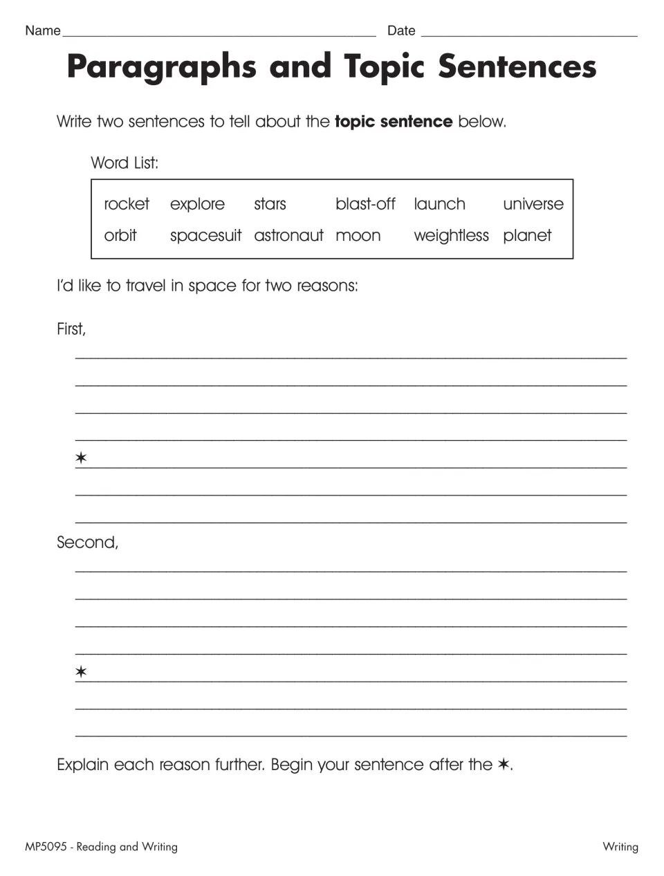 Paragraph writing asks for two reasons to travel in space and further explanations, using a space word list.