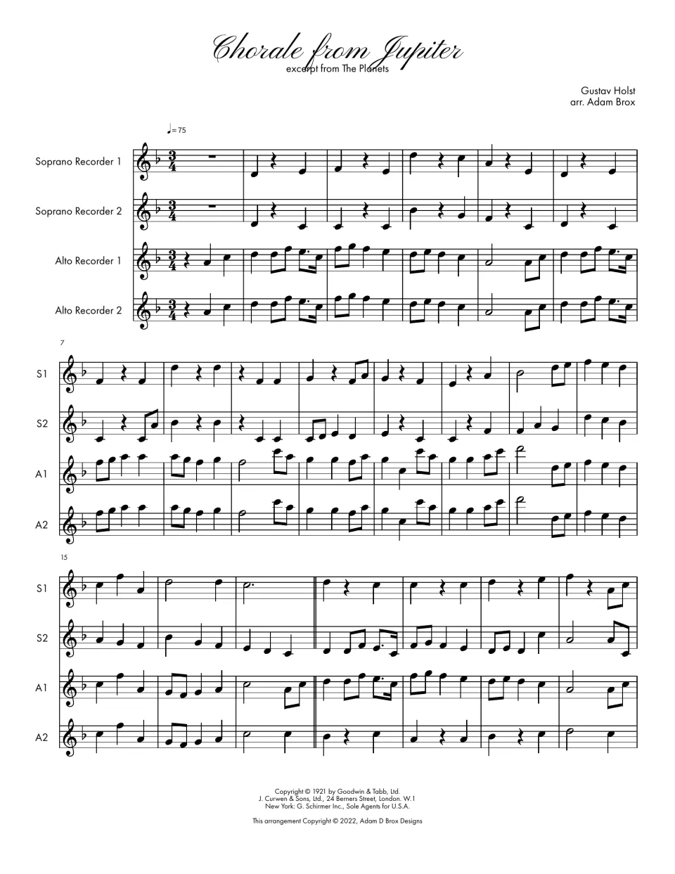 Holst's Planets chorale full score, bars 1-21: soprano recorders 1-2 and alto recorders 1-2 in 3/4 with one flat at 75 bpm