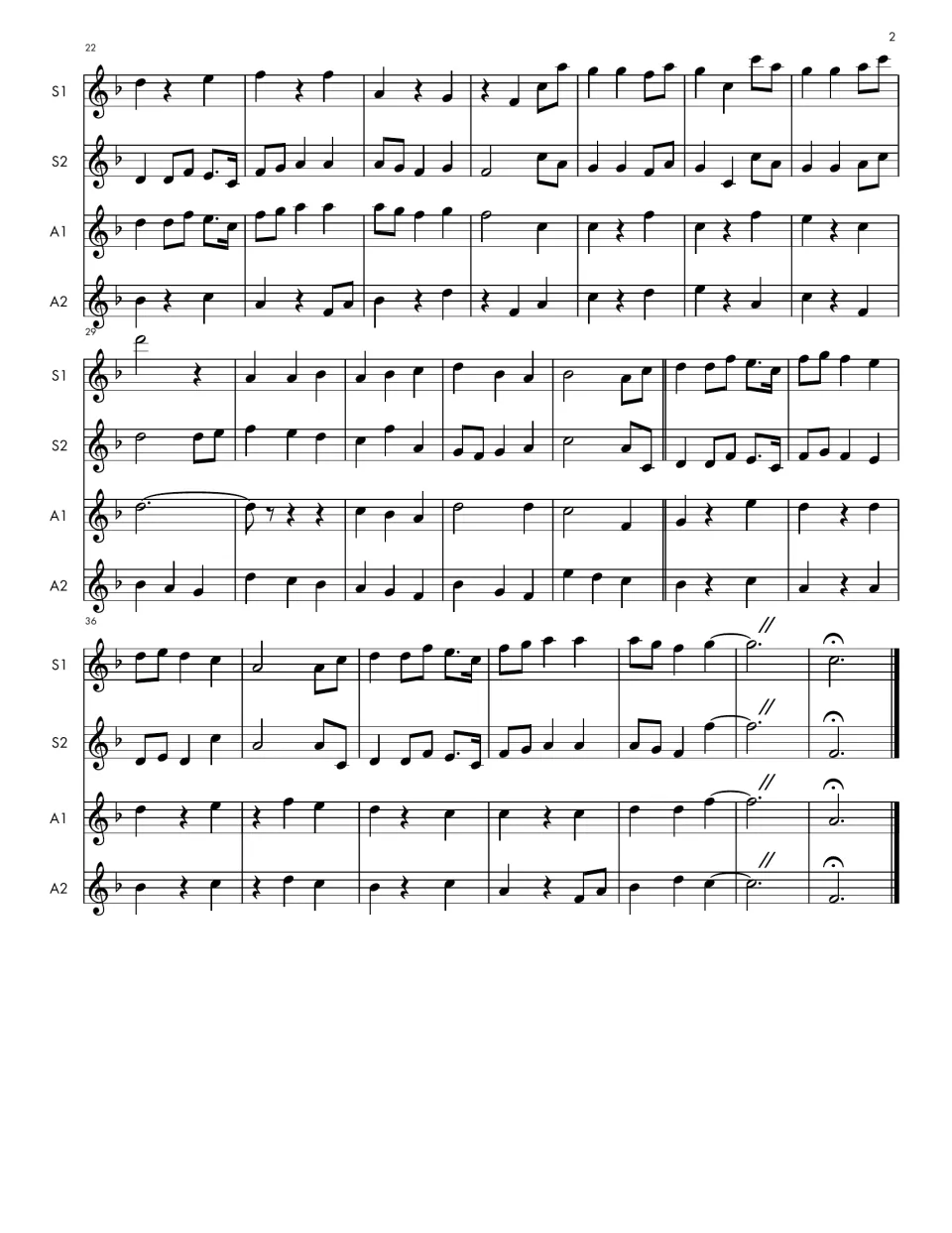Full score continued, bars 22 to the end: all four recorder parts play the final phrases, closing on a held fermata chord
