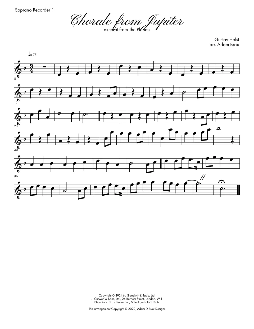 Soprano Recorder 1 part: the top line of Holst's Jupiter chorale from opening rest to final fermata, in 3/4 at quarter = 75