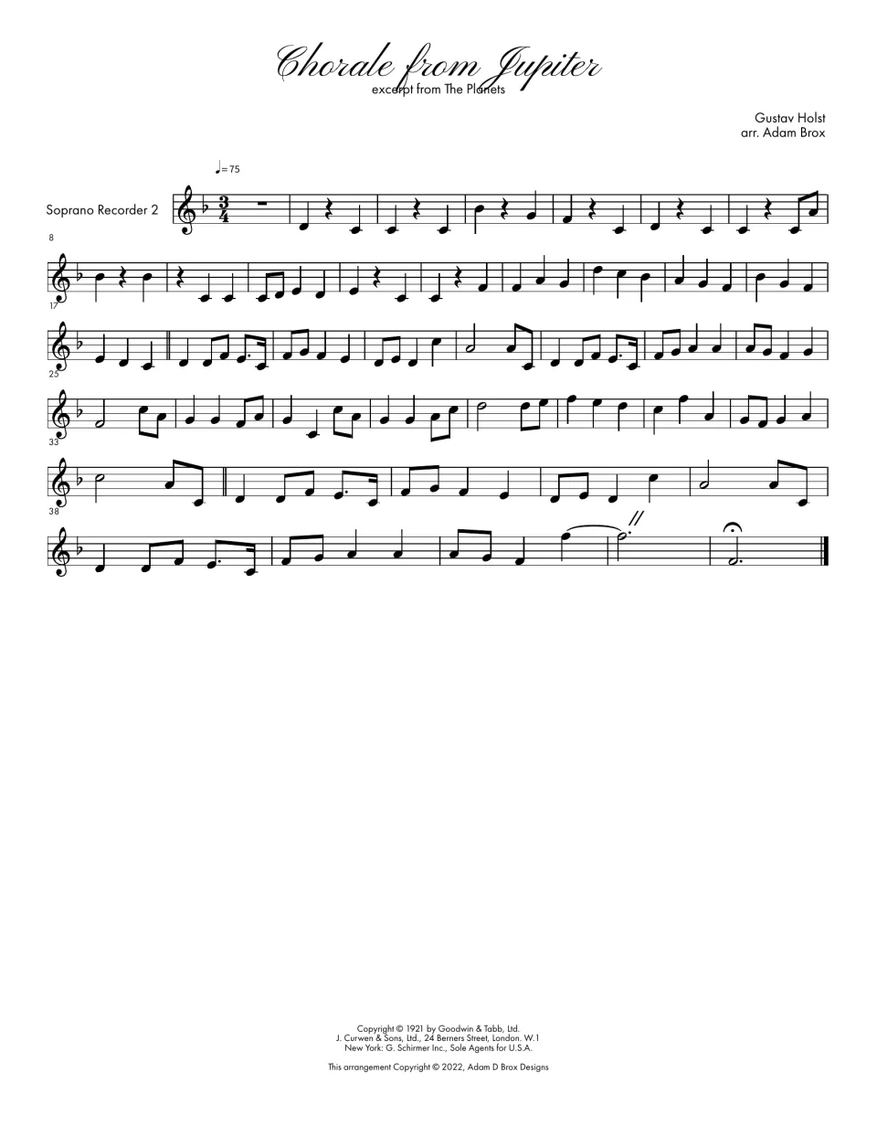 Soprano Recorder 2 part: the second soprano harmony line of the Holst chorale in 3/4, from bar 1 to the final fermata