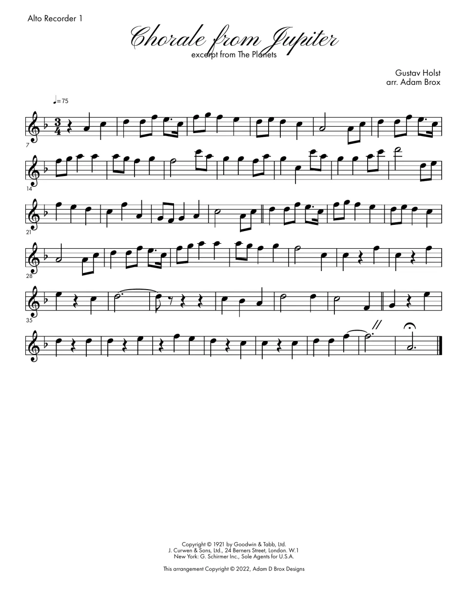 Alto Recorder 1 part: the upper alto line of the Holst chorale, starting on beat two of bar 1 and ending on a held fermata