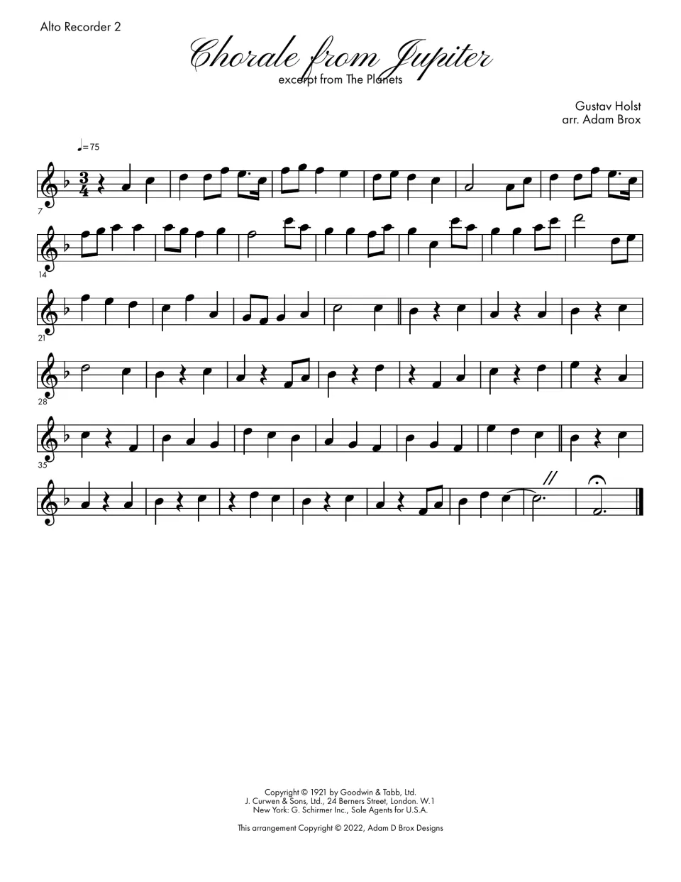 Alto Recorder 2 part: the lowest line of the Holst chorale, in 3/4 with one flat, ending on a held low F under a fermata