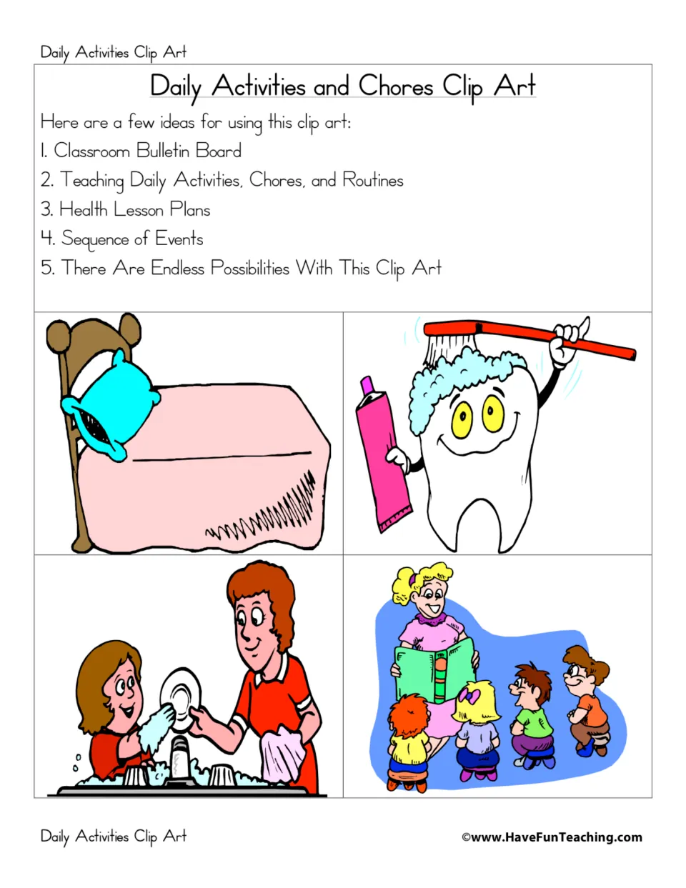 Daily Activities and Chores Clip Art title page listing 5 uses, with a made bed, brushing tooth, dishwashing and story time