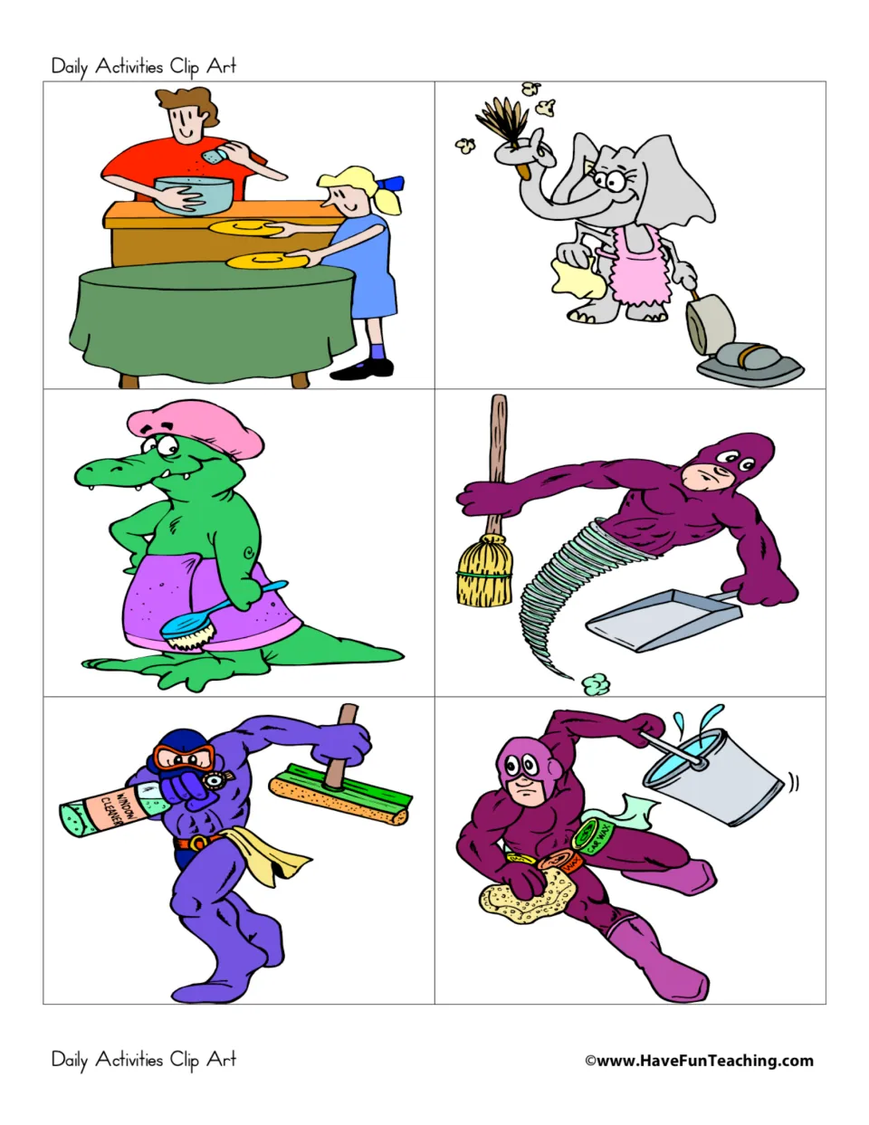Household chore pictures: setting the table, elephant dusting and vacuuming, a bathing crocodile, sweeping, washing windows