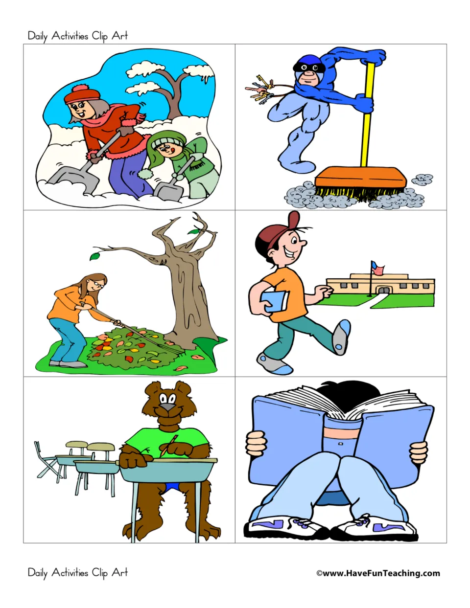 Outdoor and school activity pictures: shoveling snow, sweeping, raking leaves, walking to school, desk work, reading