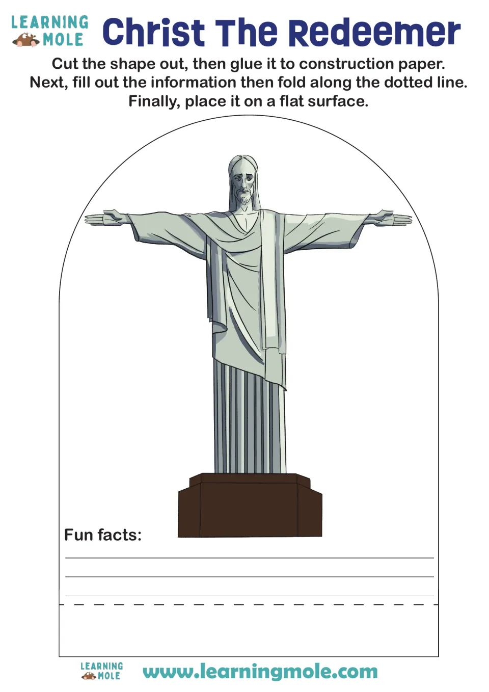 Christ the Redeemer statue craft: students cut out the figure, write fun facts, then fold it to stand on a flat surface