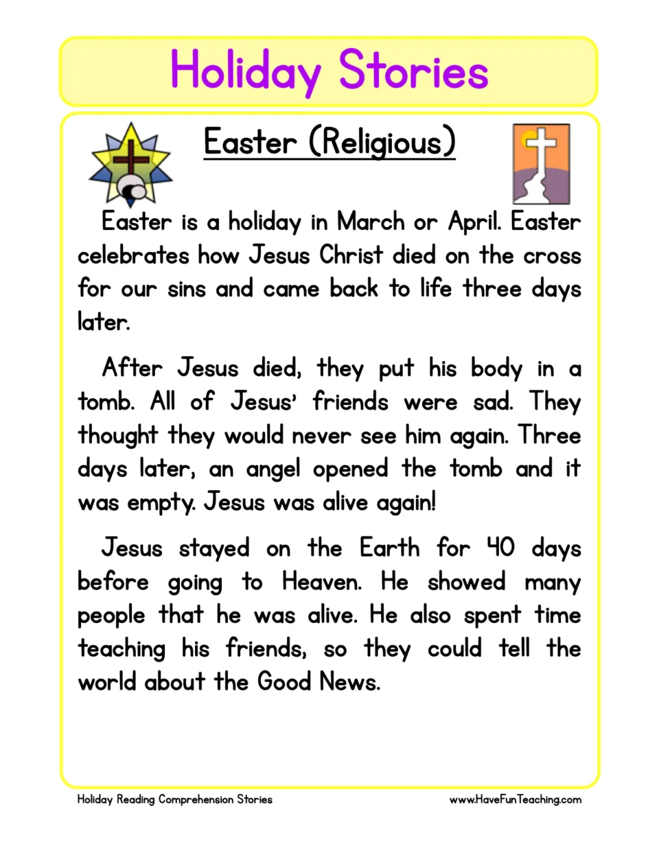 Reading passage about Christian Easter, Jesus’ resurrection after three days, and his 40 days on Earth.