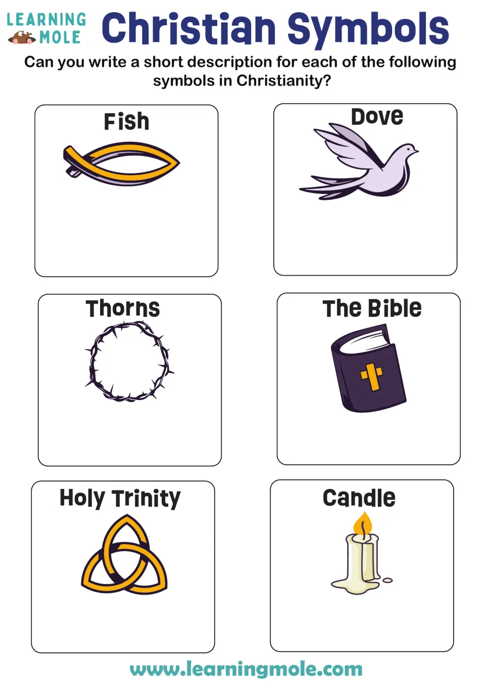 Christian symbol activity: write descriptions of the fish, dove, thorns, Bible, Holy Trinity, and candle.