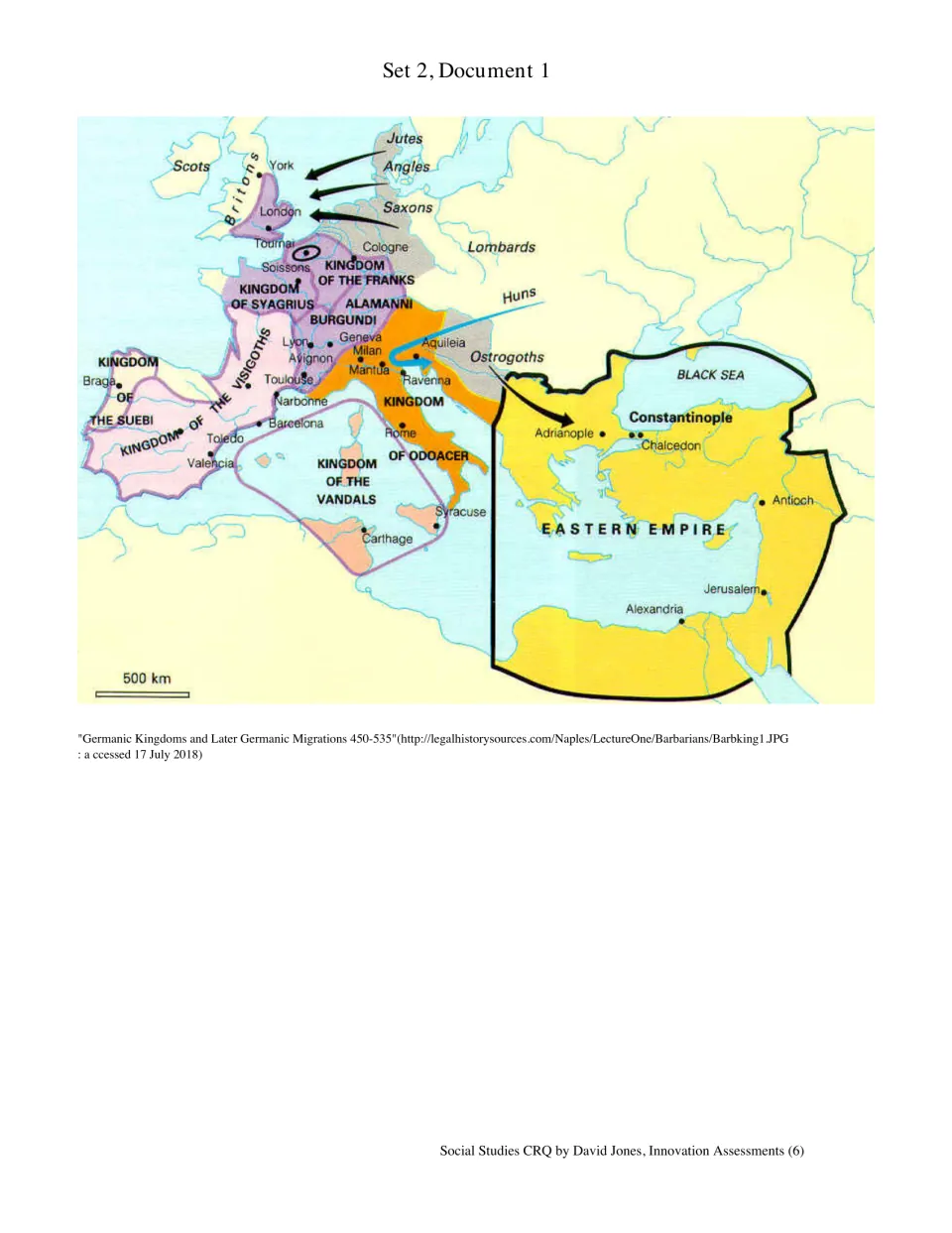 Set 2, Document 1: map of Germanic kingdoms and migrations, 450–535 CE, showing the Eastern Empire and Rome
