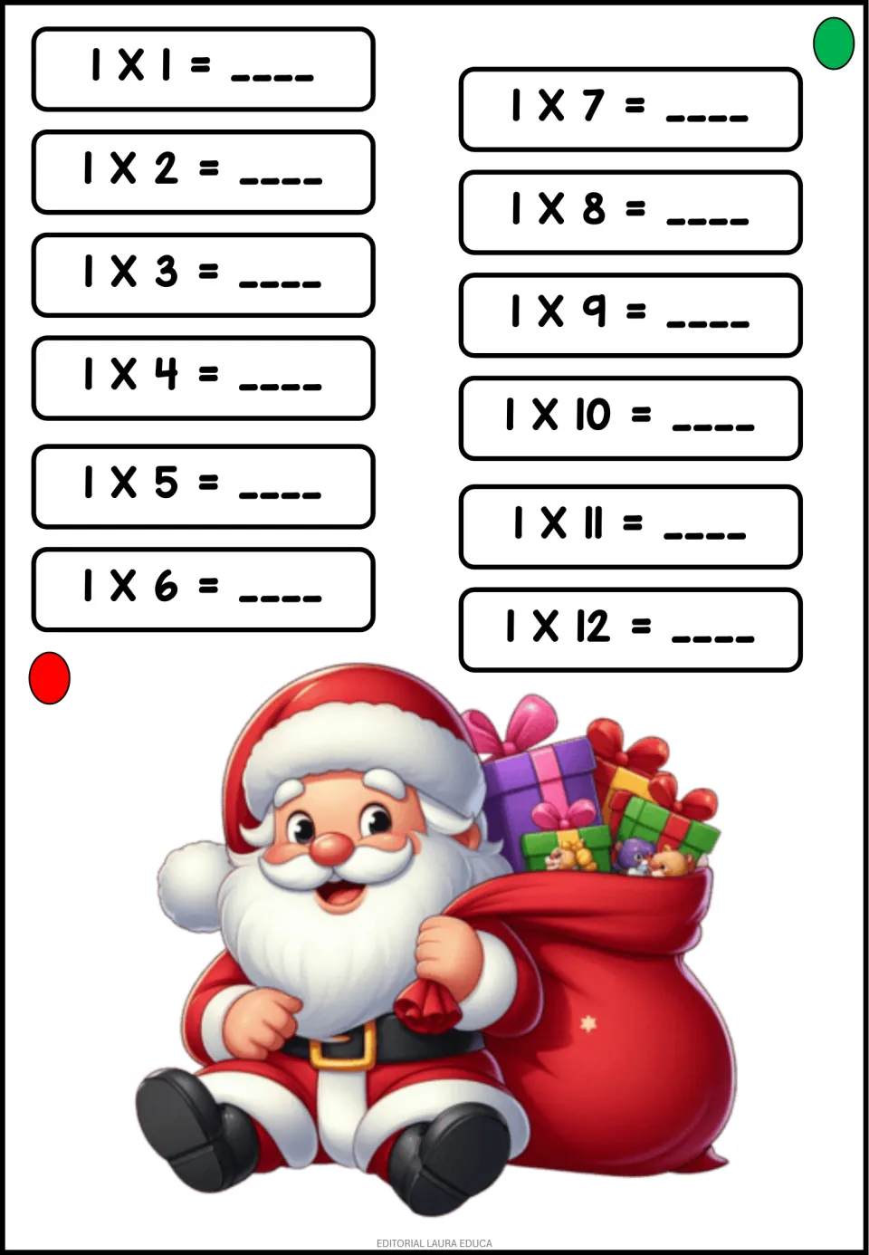 Times table of 1: students write the products for 1 x 1 through 1 x 12 to practise multiplication facts, beside a Santa