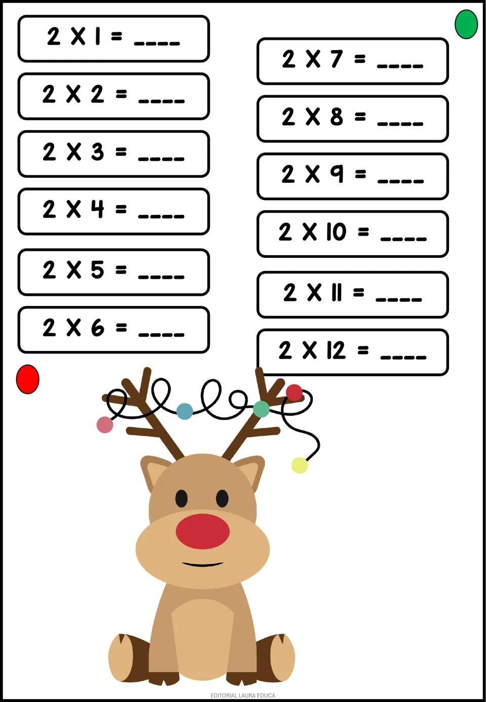 Times table of 2: students fill in the answers for 2 x 1 to 2 x 12 to practise doubling facts, with a reindeer in lights