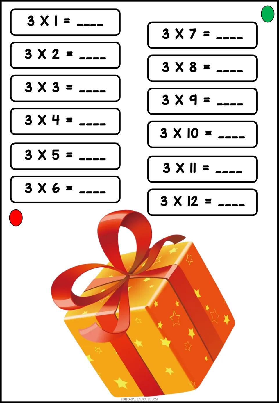 Times table of 3: students complete 3 x 1 through 3 x 12 to build recall of multiplication facts, shown with a wrapped gift