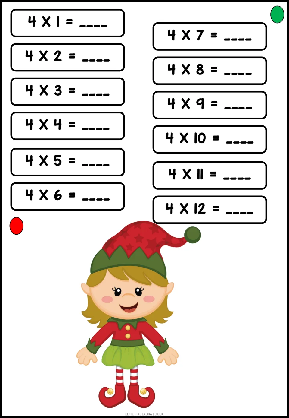Times table of 4: students solve 4 x 1 to 4 x 12, writing each product to practise recall, beside an elf girl