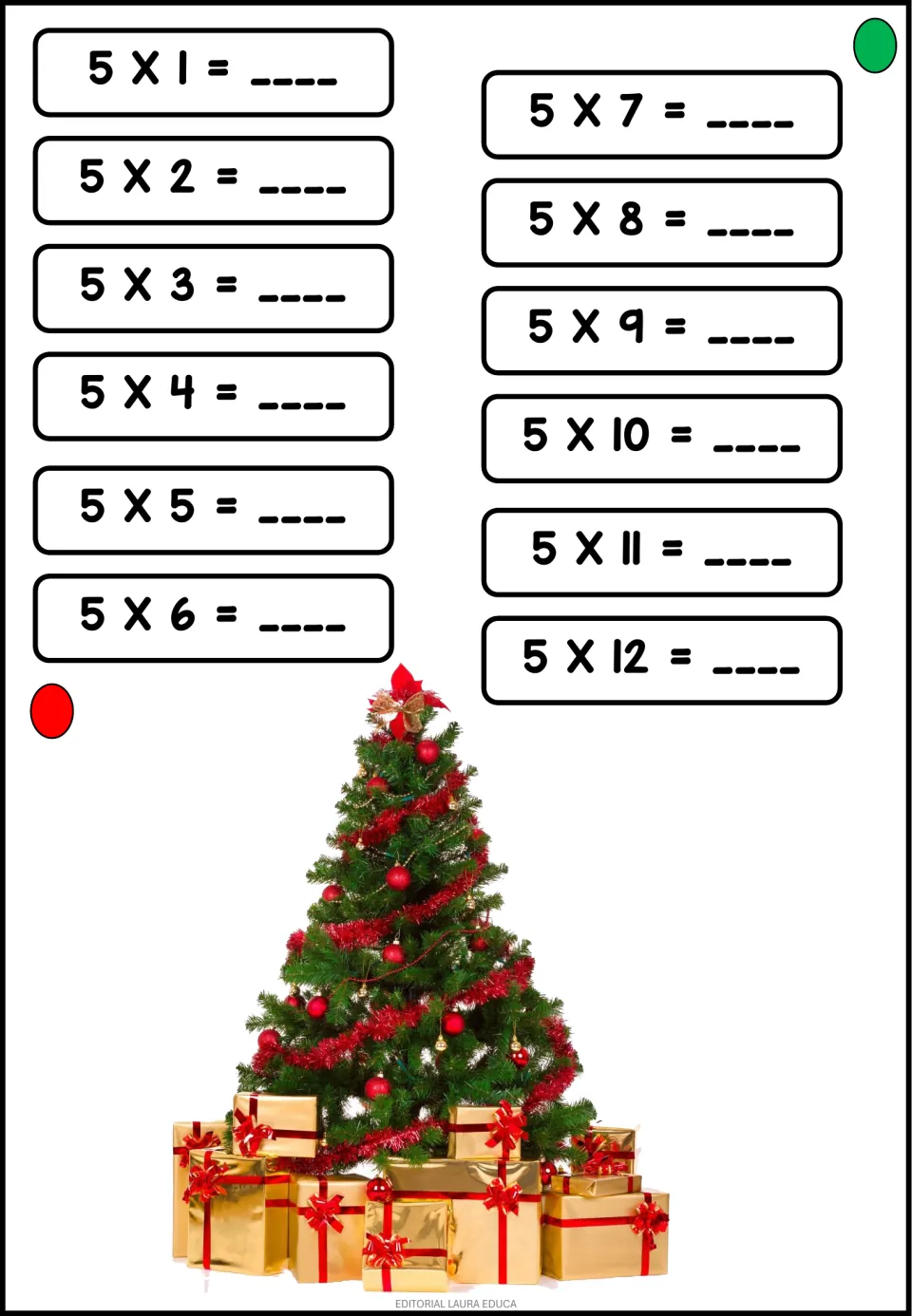 Times table of 5: students answer 5 x 1 through 5 x 12 to practise counting by fives, beside a decorated Christmas tree