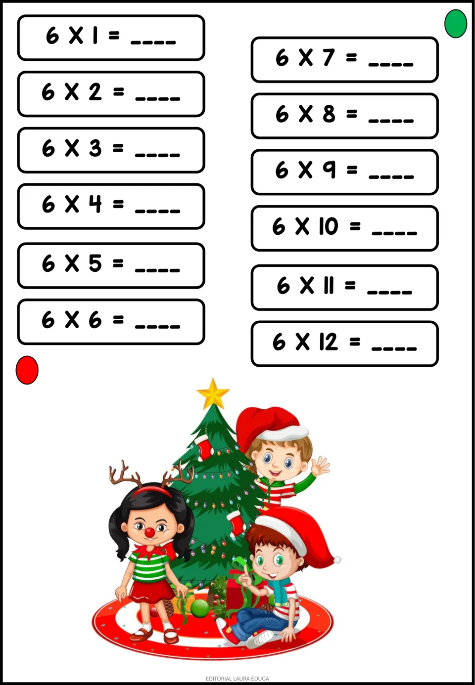 Times table of 6: students fill in 6 x 1 to 6 x 12 to practise multiplication facts, with three children by a holiday tree