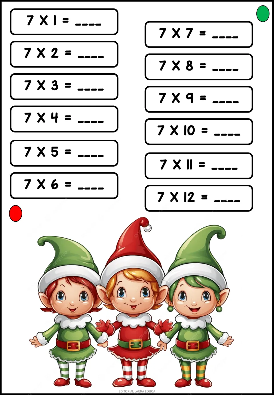 Times table of 7: students write products for 7 x 1 through 7 x 12 to strengthen recall of the sevens, with three elves
