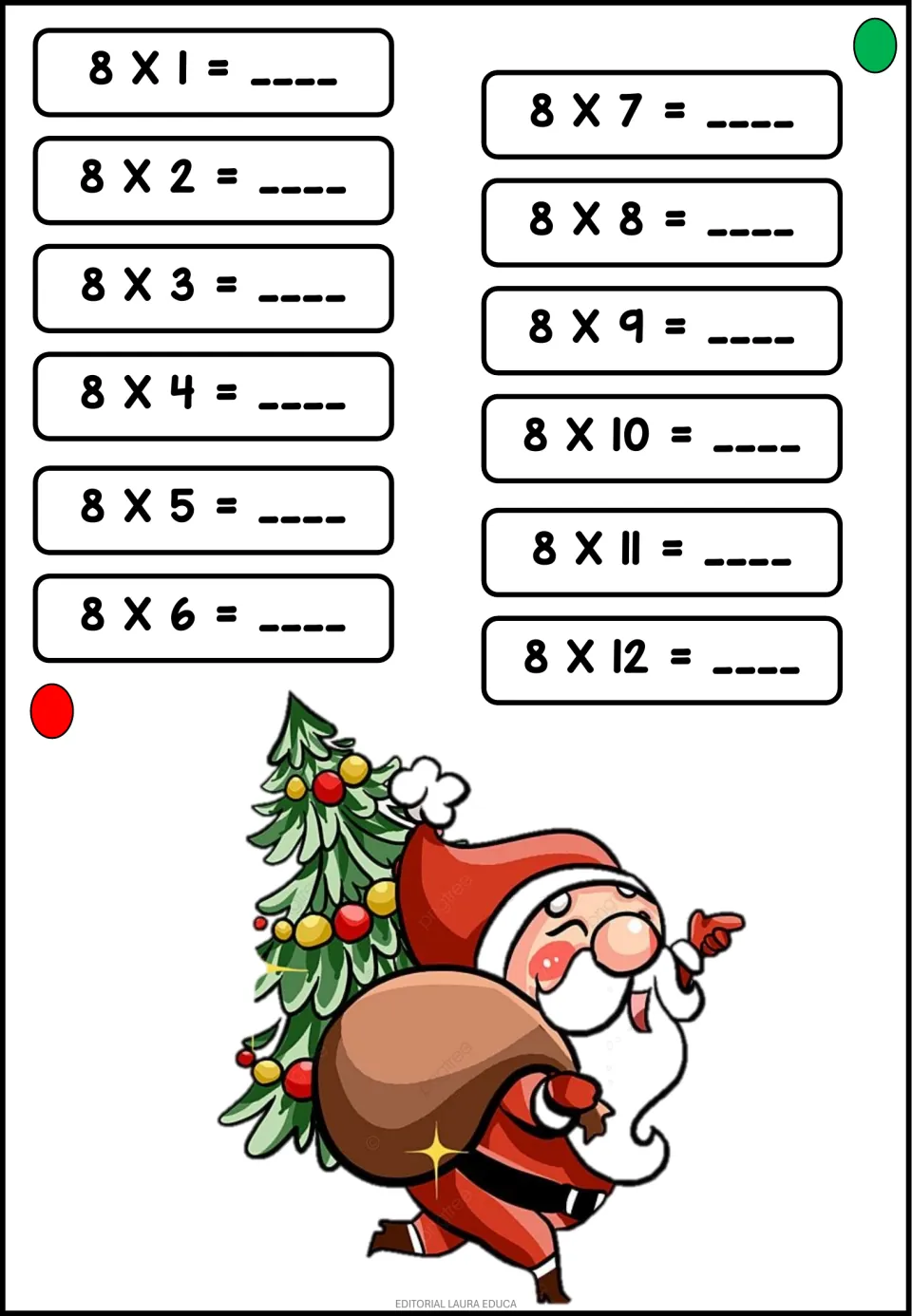 Times table of 8: students solve 8 x 1 to 8 x 12 to practise multiplication facts, beside Santa carrying a tree and sack