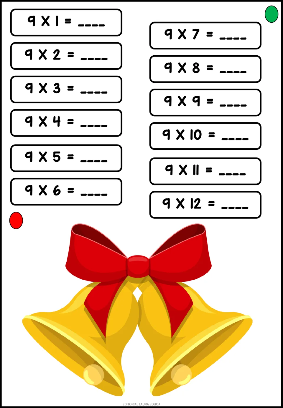 Times table of 9: students complete 9 x 1 through 9 x 12 to practise the nines facts, beside golden bells with a red bow