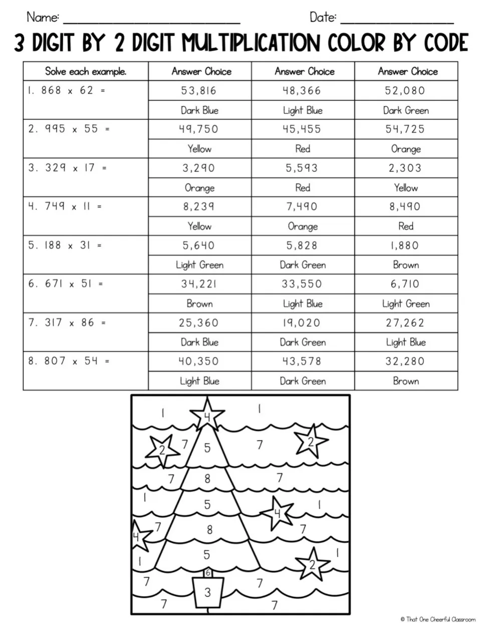 3-digit by 2-digit multiplication: students solve 8 problems, pick each answer's color, then color a Christmas tree