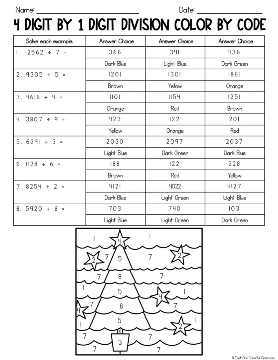 4-digit by 1-digit division: students solve 8 problems, pick each answer's color, then color a Christmas tree picture
