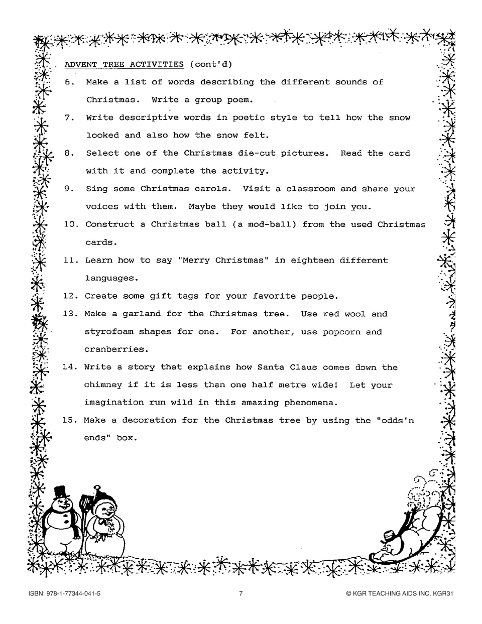 Advent Tree activities 6–15: a group poem, gift tags, a popcorn garland, 'Merry Christmas' in 18 languages and more