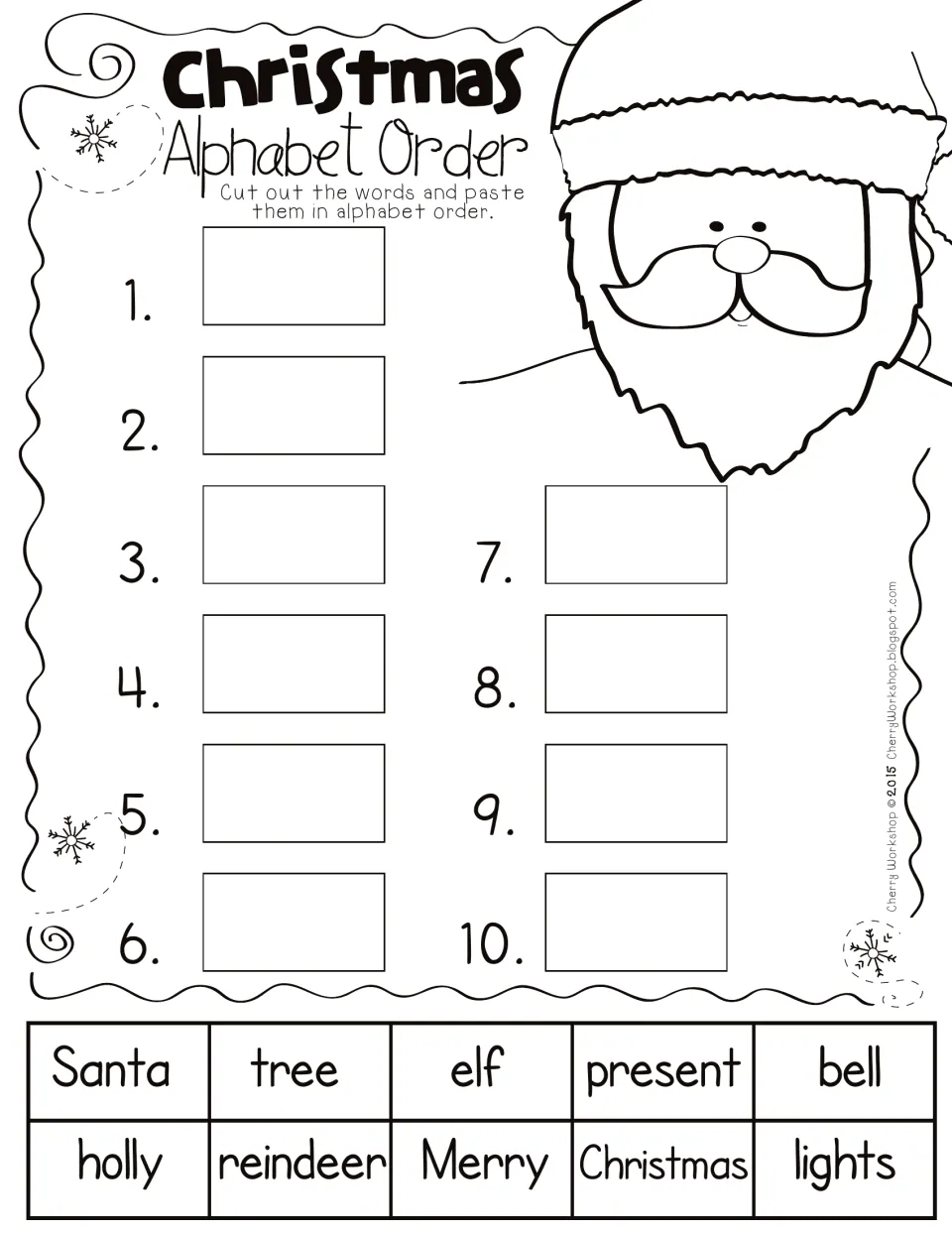 Christmas alphabet order: students cut out 10 words such as Santa, elf, bell and holly and paste them in ABC order