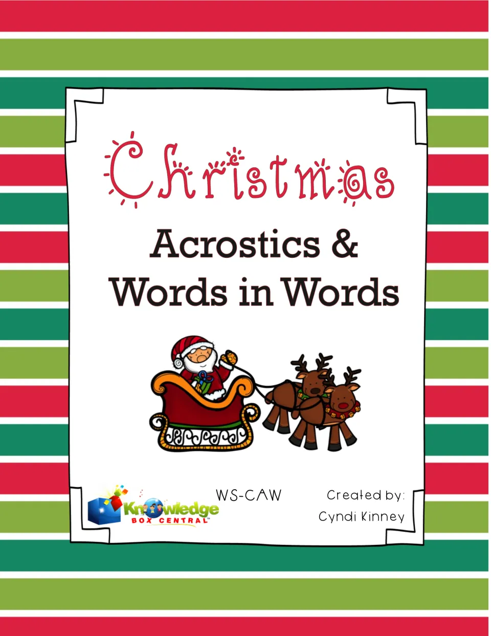 Christmas Acrostics & Words in Words cover, showing Santa in his sleigh with two reindeer, by Cyndi Kinney