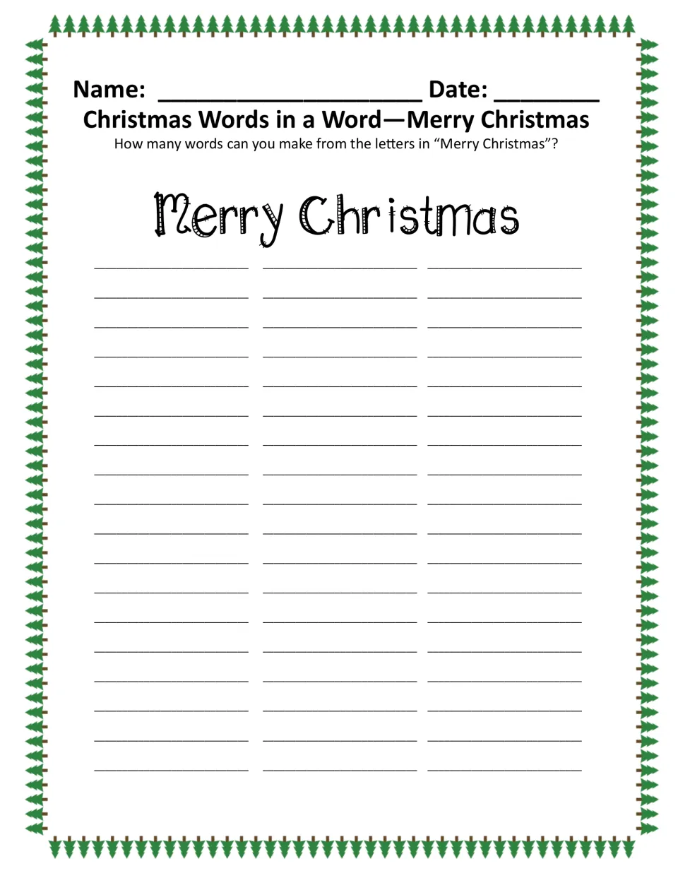 Words in a Word puzzle, color version: how many words can students make from the letters in 'Merry Christmas'?