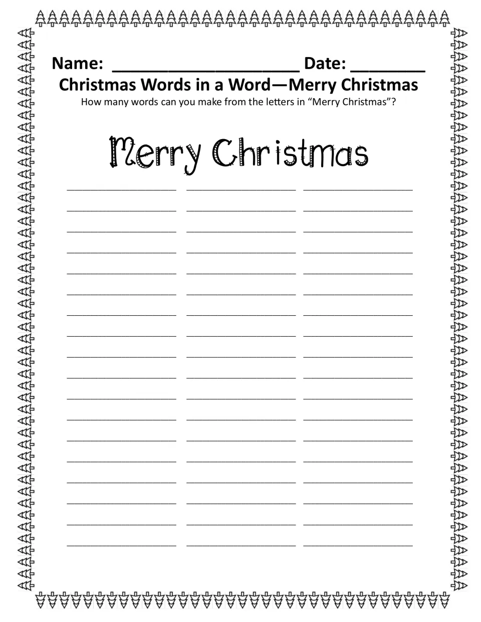 Black-and-white Merry Christmas word puzzle: list words made from the letters in 'Merry Christmas'