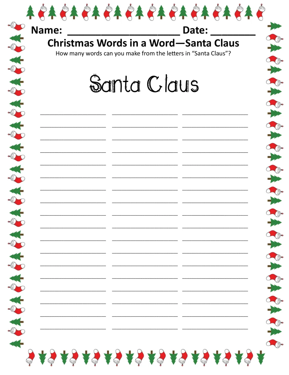 Words in a Word puzzle, color version: list as many words as possible from the letters in 'Santa Claus'