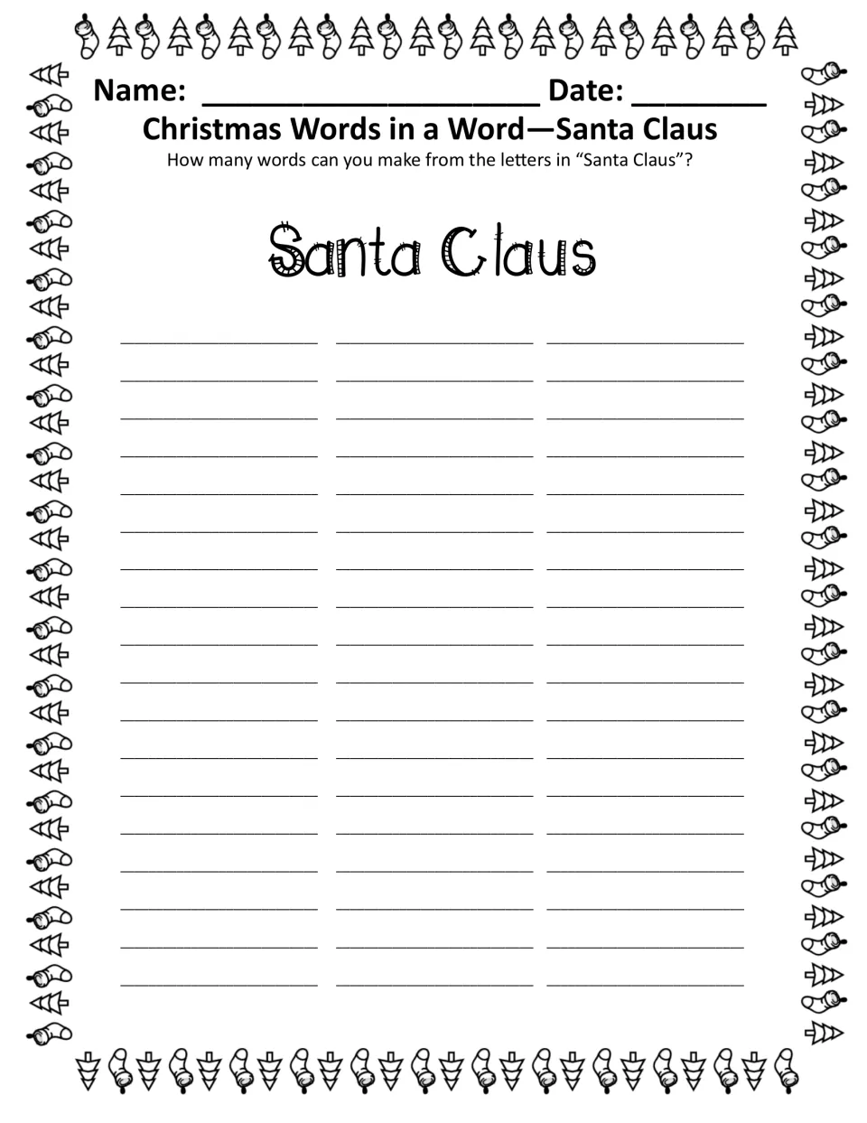 Black-and-white Santa Claus word puzzle: make words from the letters in 'Santa Claus' and write them down