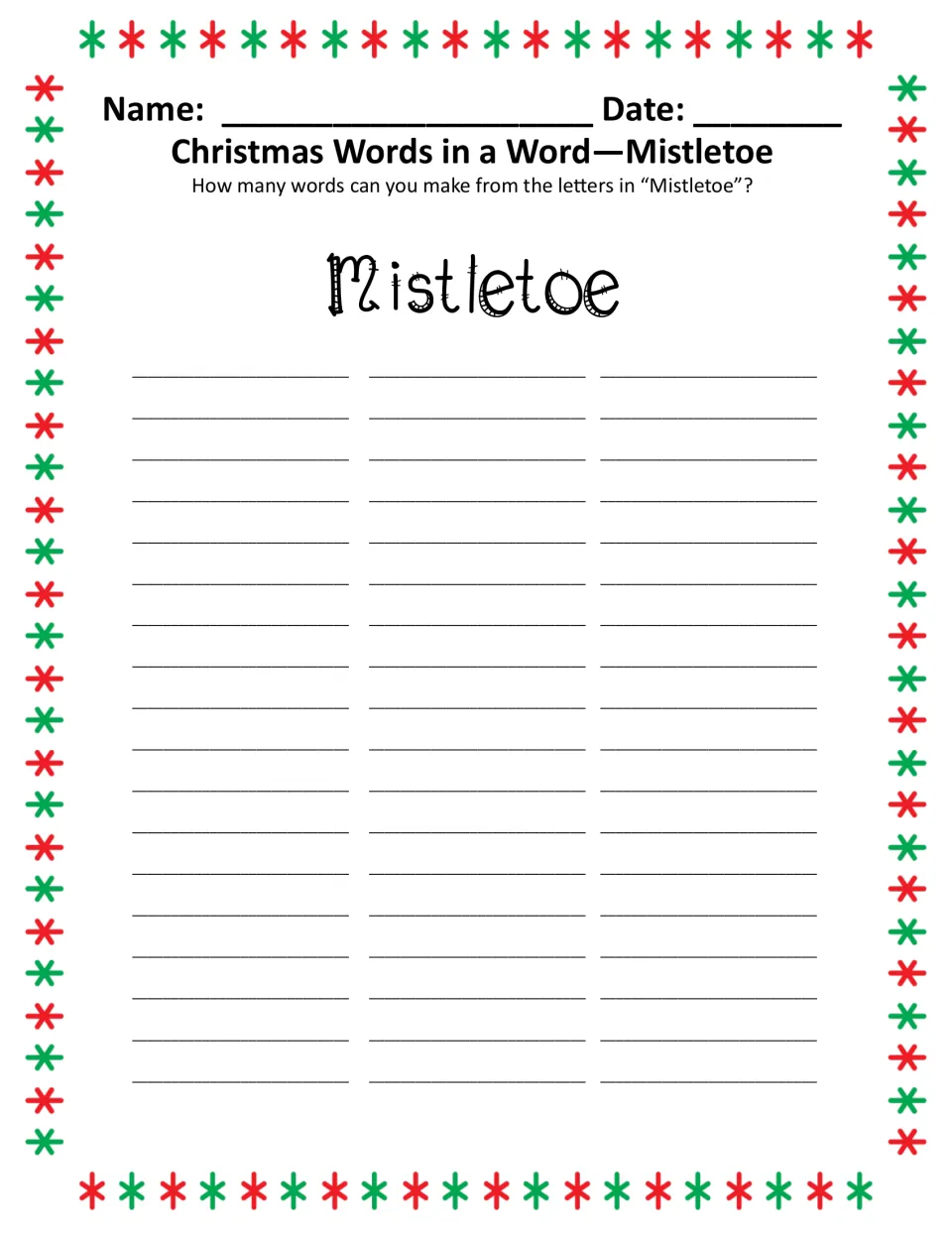 Words in a Word puzzle, color version: how many words can you make from the letters in 'Mistletoe'?