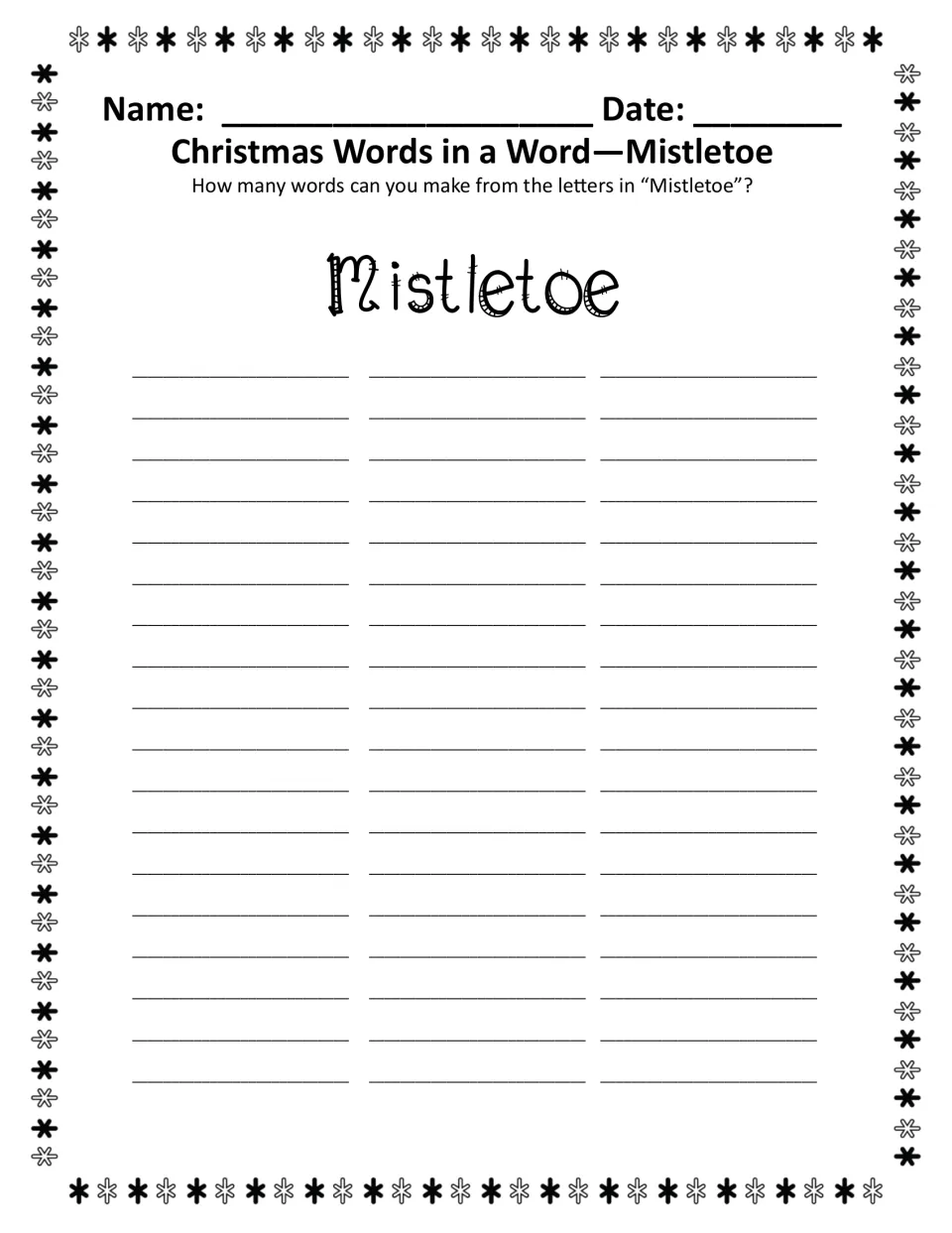 Black-and-white Mistletoe word puzzle: write words built from the letters in 'Mistletoe'