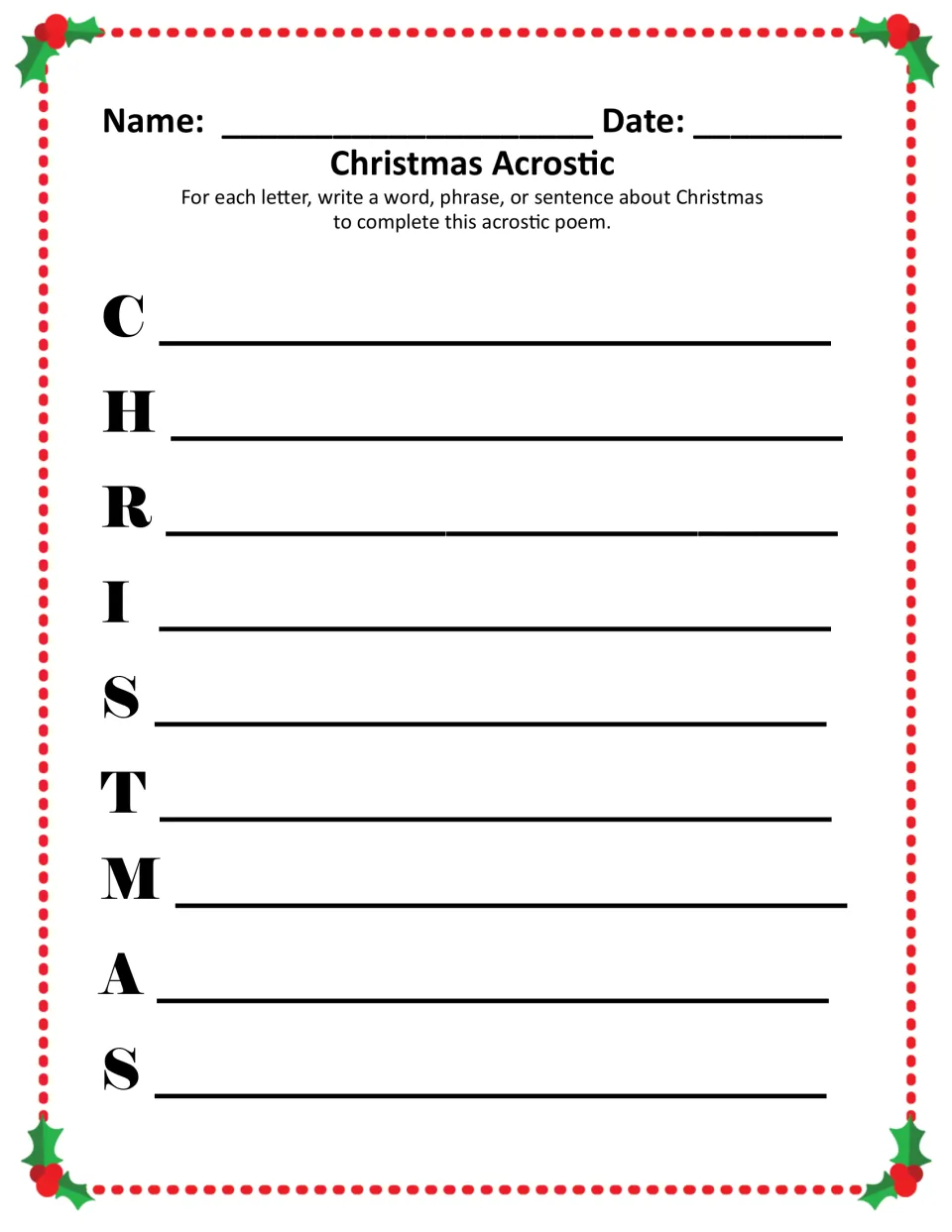 Christmas Acrostic, color version: write a word, phrase or sentence about Christmas for each letter of CHRISTMAS