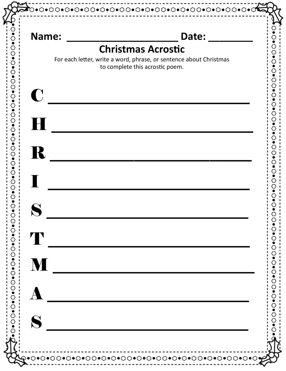 Black-and-white Christmas Acrostic: write about Christmas starting each line with a letter of C-H-R-I-S-T-M-A-S