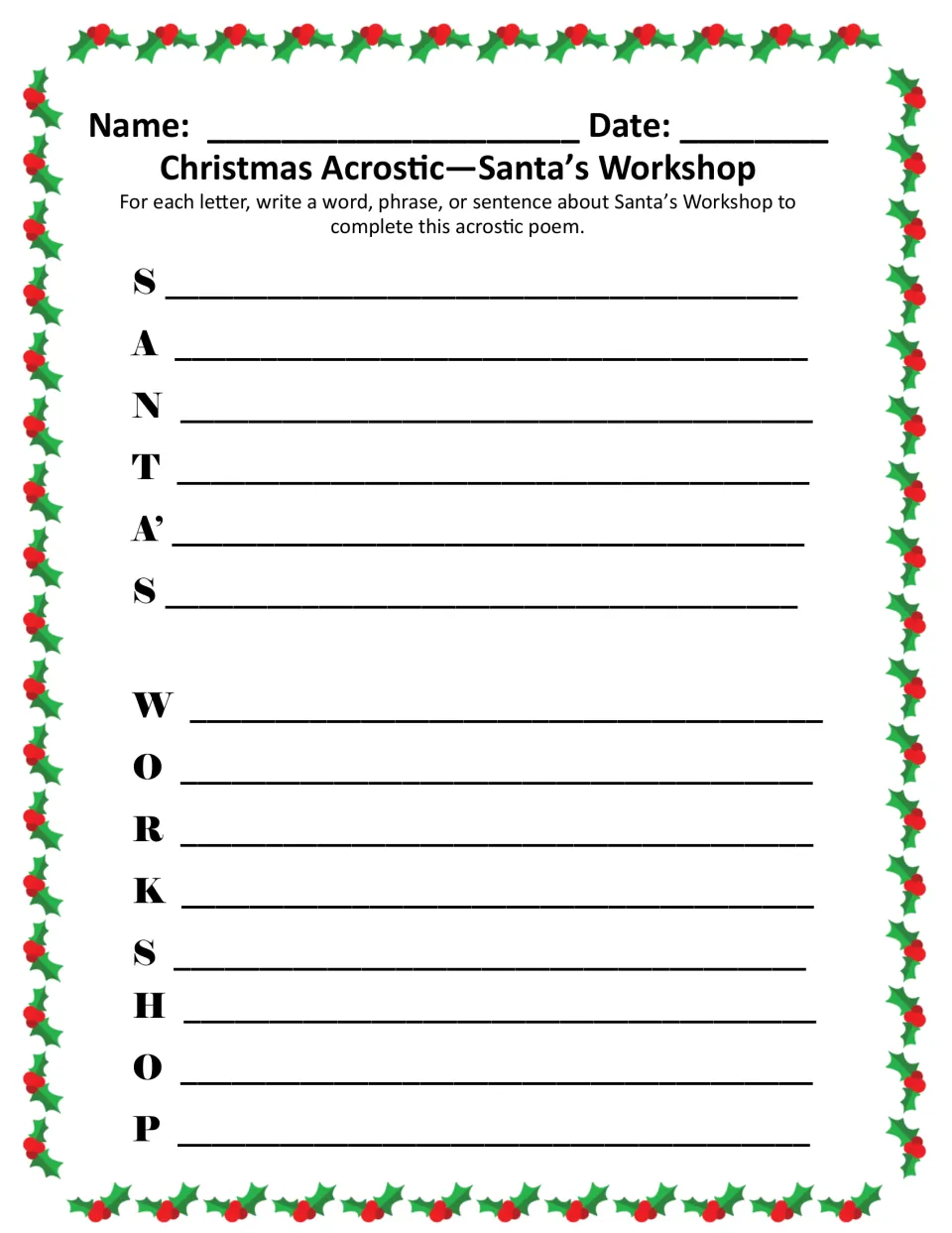 Christmas Acrostic—Santa's Workshop, color version: a word, phrase or sentence for each letter of SANTA'S WORKSHOP
