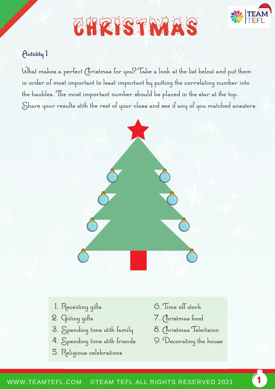 Christmas ranking activity: order nine priorities, including gifts, family, friends, food, and decorations.