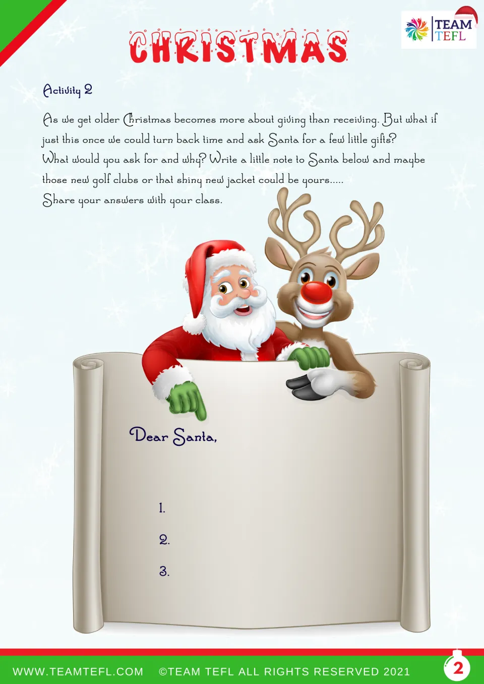 Christmas letter activity: write to Santa with three gift wishes and explain why you would choose them.