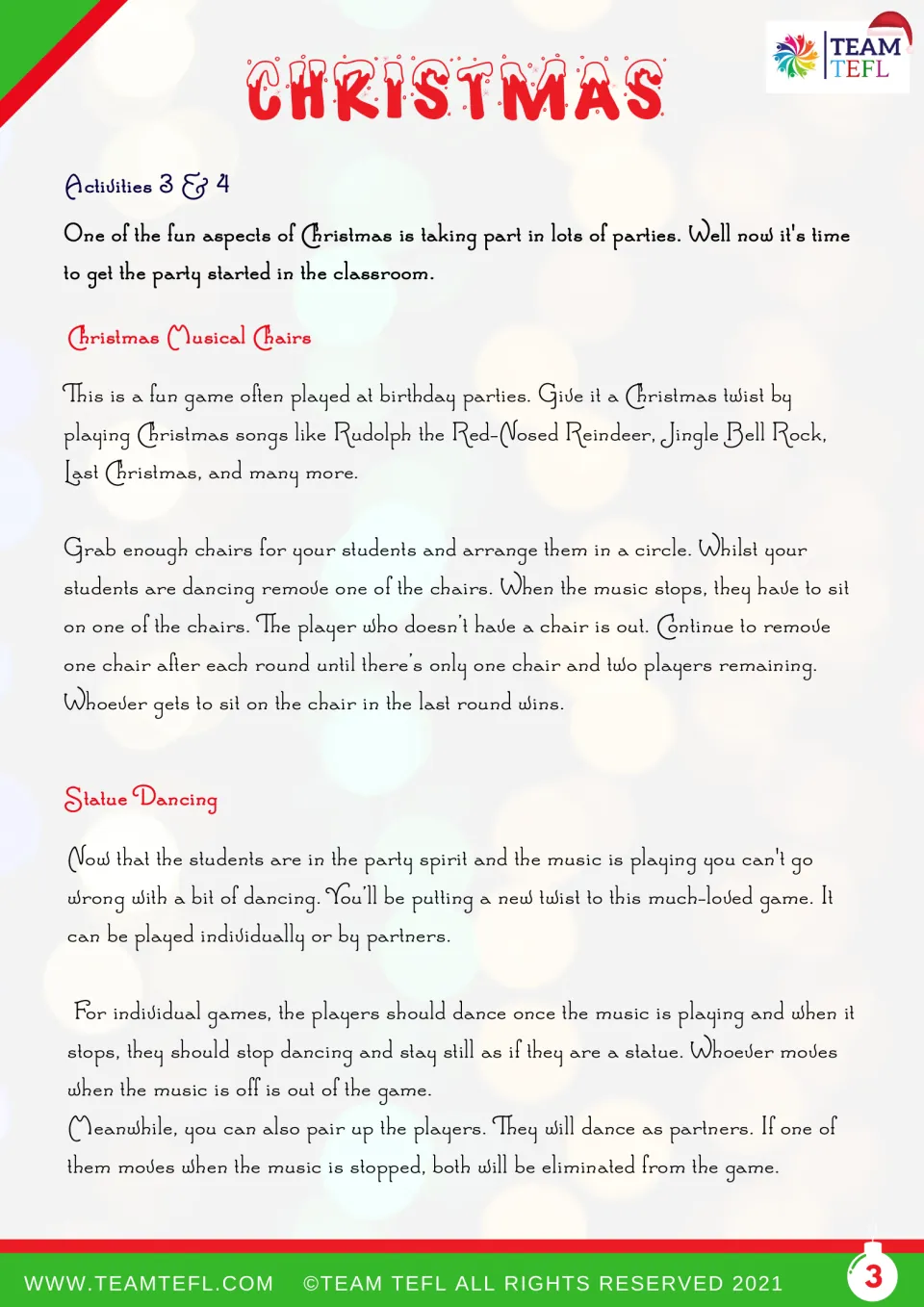 Christmas game instructions for musical chairs and statue dancing, with individual and partner options.