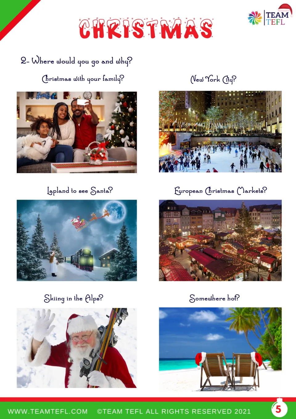 Christmas trip choices: family, New York City, Lapland, European Christmas markets, the Alps, or somewhere hot.