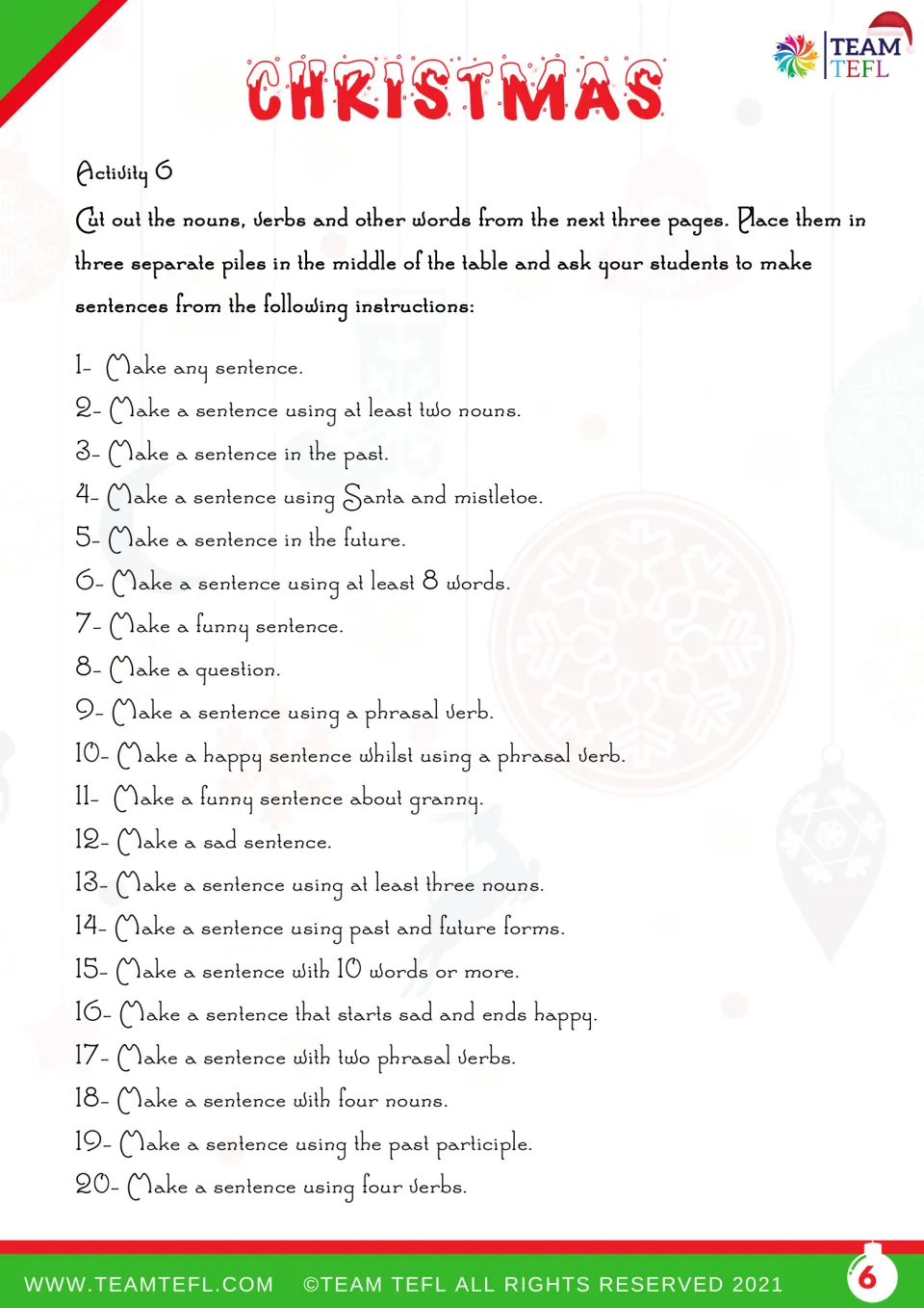 Christmas sentence-building activity: 20 prompts using cutout words to practice tenses, nouns, and phrasal verbs.