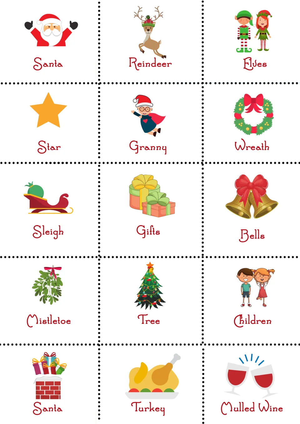 Christmas sentence-building cards: 15 illustrated noun cards, including Santa, reindeer, elves, and mistletoe.
