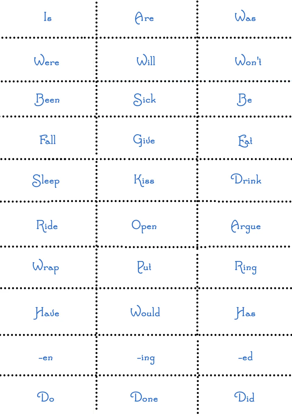 Christmas sentence-building cards: 30 verb, word, and ending cards, including is, were, give, sick, and -ing.