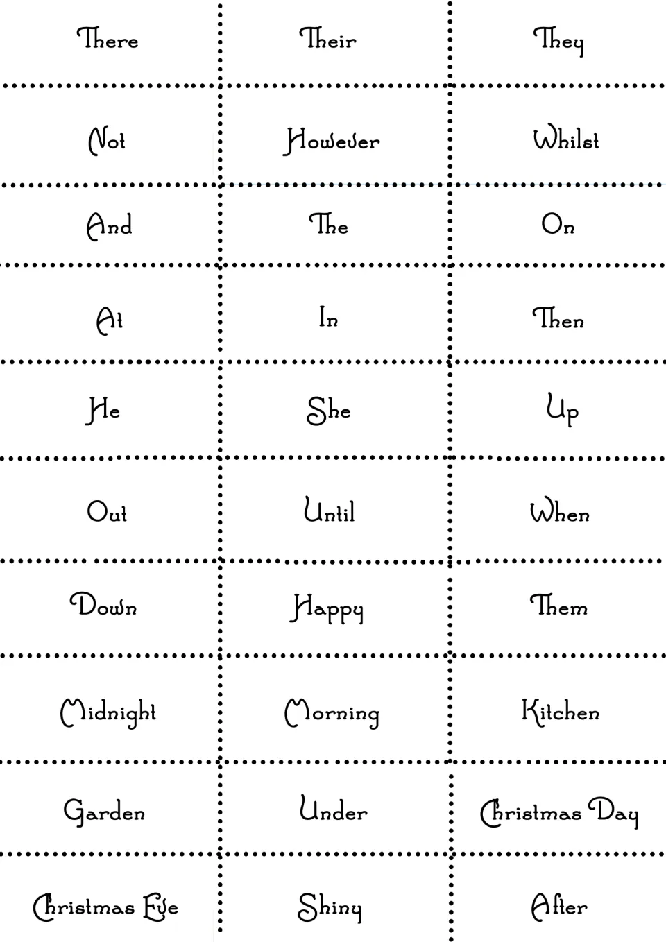 Christmas sentence-building cards: 30 additional words and phrases, including their, happy, and Christmas Eve.