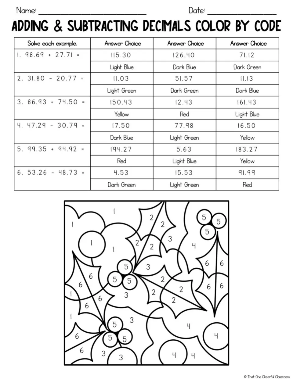 Decimal addition and subtraction: students solve 6 problems, pick the matching answer's color and shade a holly picture