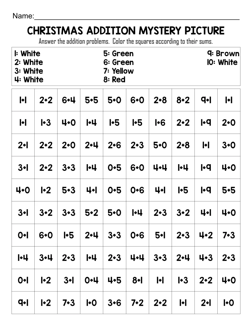 Christmas color by sum: students solve 100 addition facts to 10, then color each square using the 1-10 color code