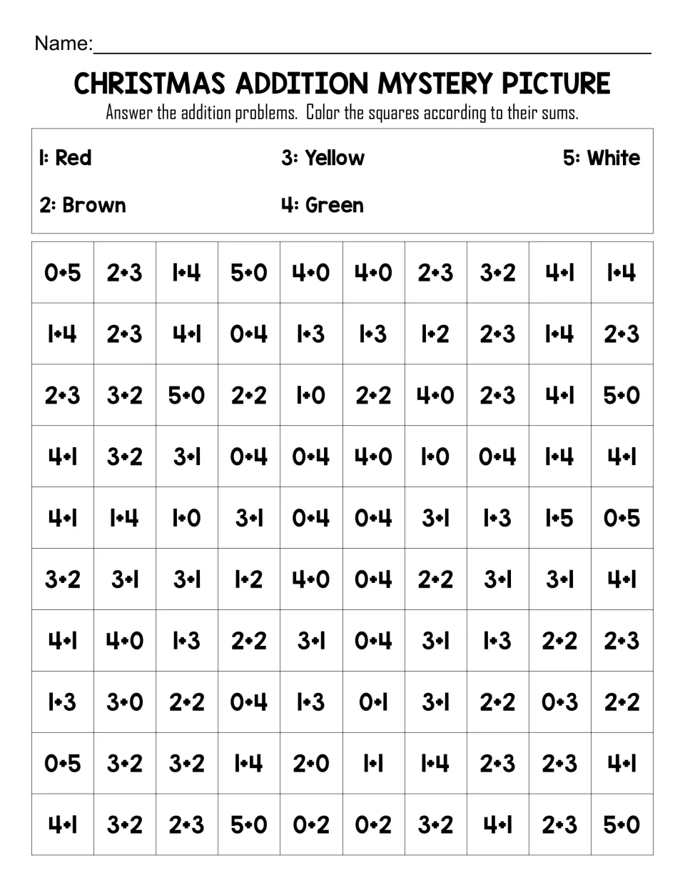 Christmas color by sum to 5: students add 100 facts and color squares red, brown, yellow, green or white by the code
