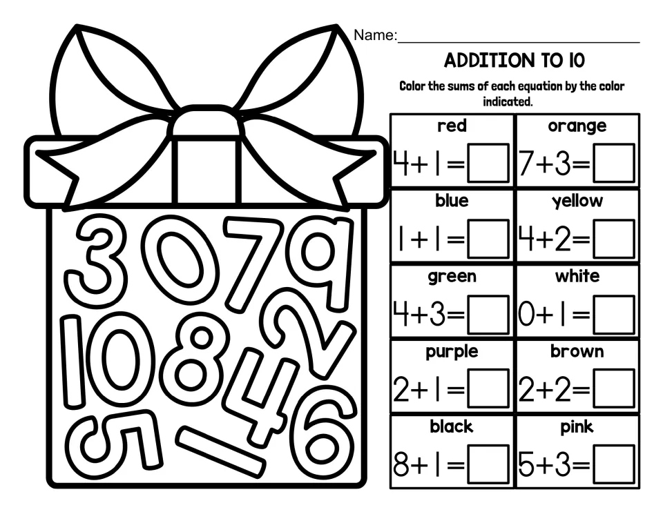 Addition to 10 seek-and-find worksheet: solve 10 sums, including 4+1 and 7+3, and color matching numbers.