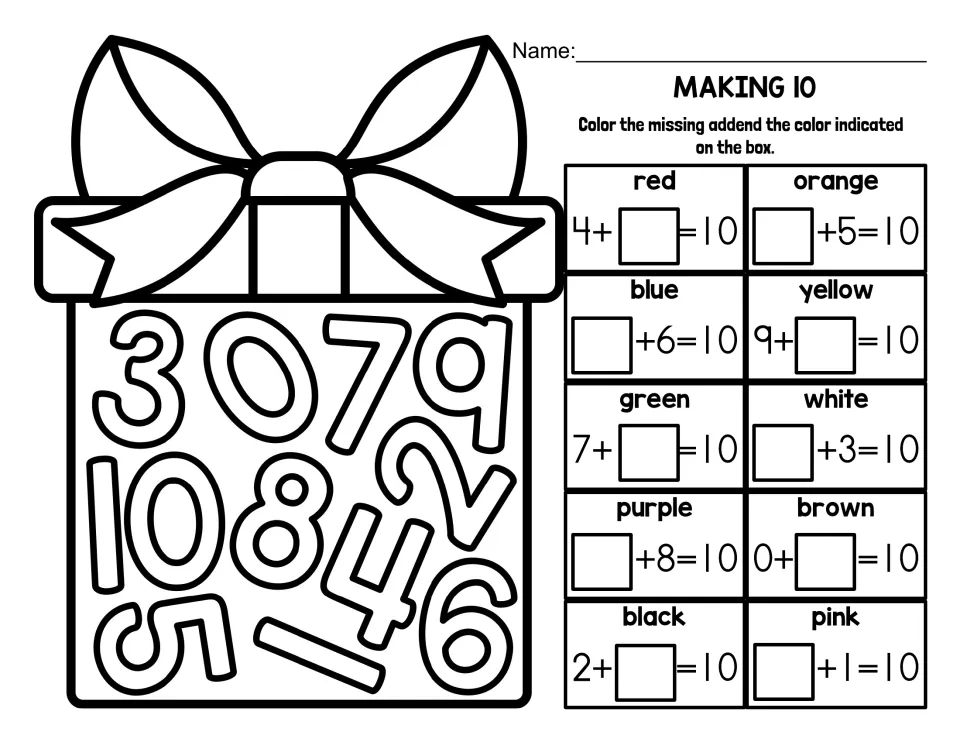 Making 10 seek-and-find worksheet: find missing addends in 10 equations and color numbers in the present.